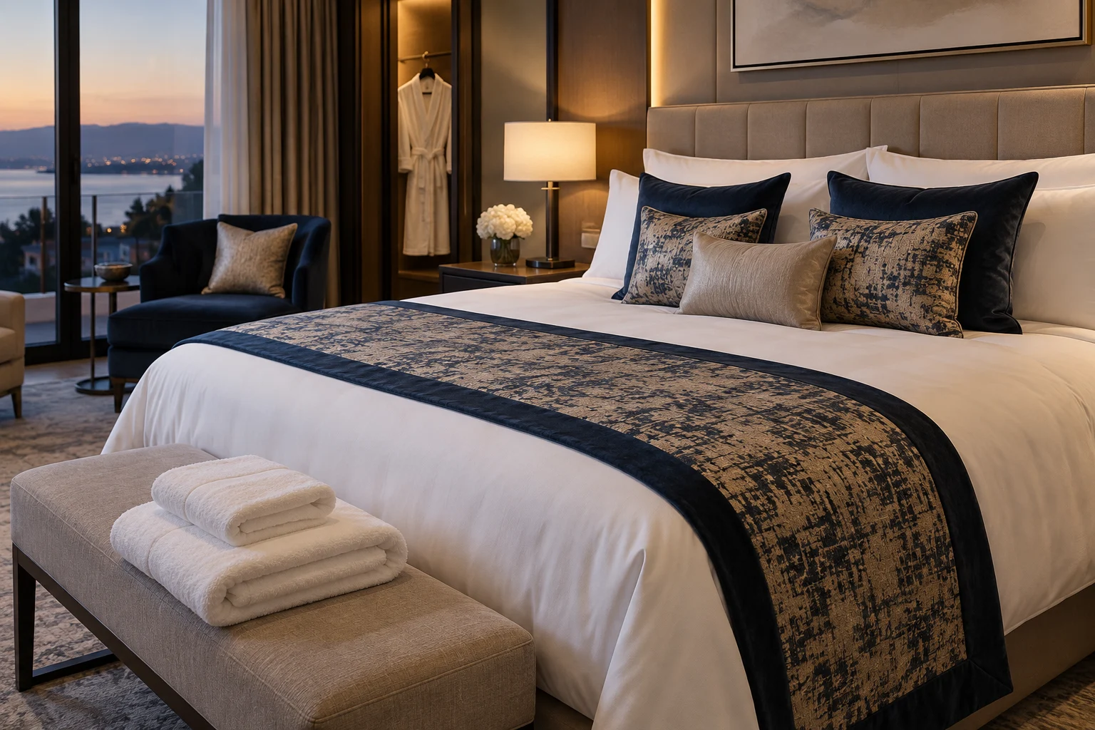 Coordinated navy and champagne textiles in a luxury hotel guestroom