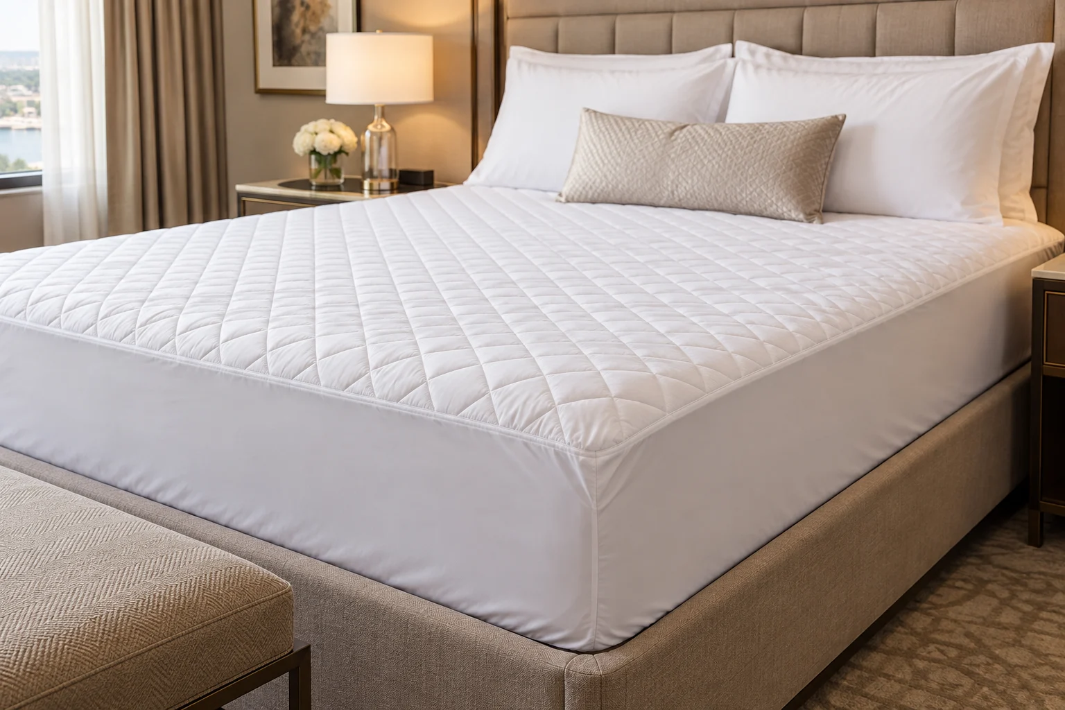 White quilted mattress protector being fitted to a luxury hotel bed