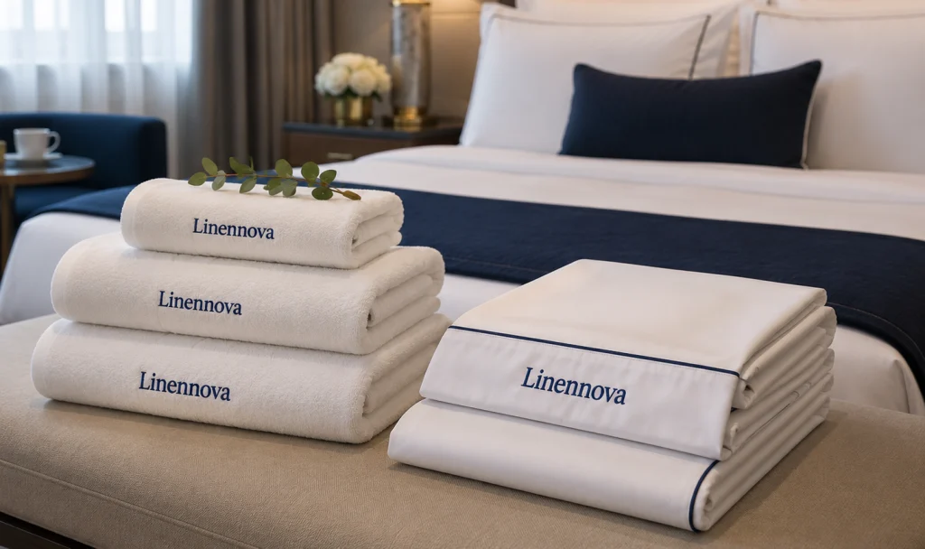 Coordinated Linennova hotel bedding and towels in a premium guestroom