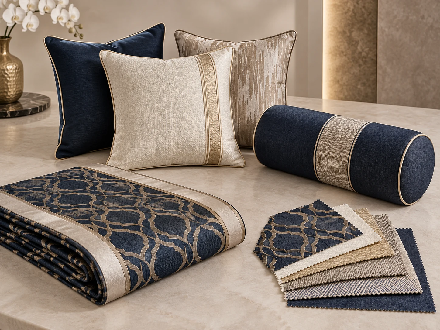 Coordinated bed runner, cushion covers, bolster cover and textile samples