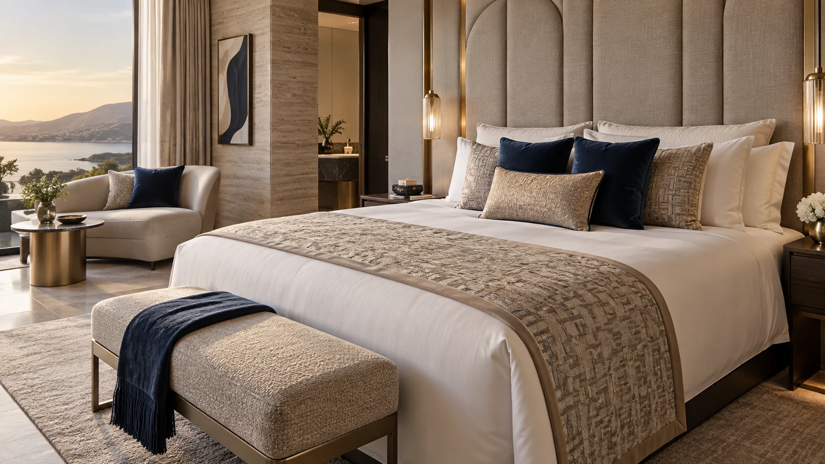 Contemporary hotel bedroom with champagne, taupe and navy decorative textiles