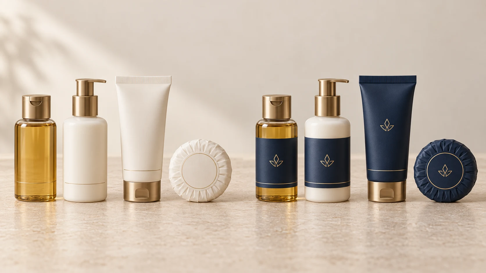 Standard hotel amenity packaging compared with a coordinated custom-branded set