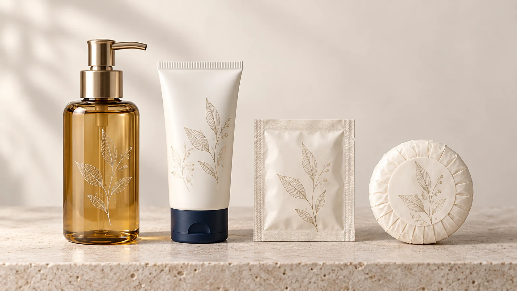 Hotel toiletry bottles, tube, sachet and wrapped soap